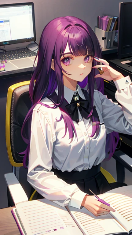 rieles, 1 chica, solo, ((Camisa blanca)), black muslos, senos, escote, uniform, oficina background, Falda negra, falda plisada, oficina, pelo entre los ojos, adorno de pelo dorado, large senos, pelo largo, mirando al espectador, cabello purpura, purple nails, ojos morados, solo, muslos, muslos, very pelo largo, ((Obra maestra)), Session, silla, escritorio, computer on escritorio, etiqueta de nombre, id tag, interior, Pinza dorada para el cabello,