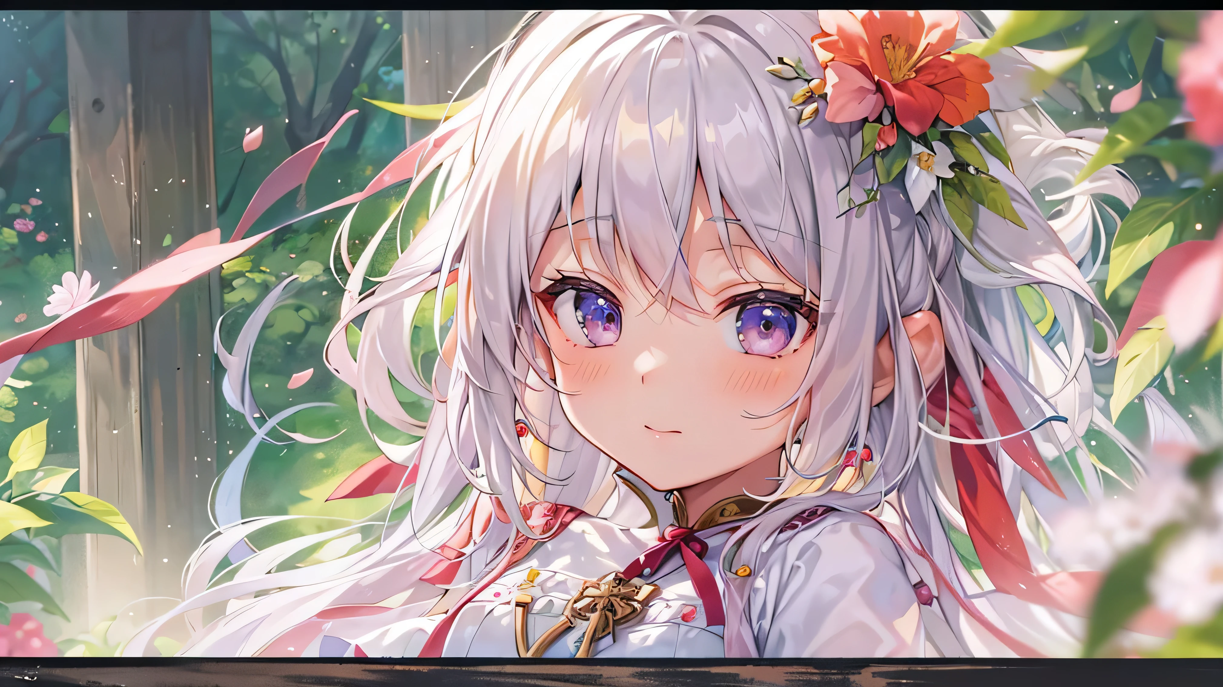 Normal of chest、masterpiece、8K wallpapers incorporating highly detailed CG、Two girls and two boys、Baby Face、beautiful、Genuine、Blurred、Blurred_background、Blurred_prospect、branch、plum offlower、depth_of_Field、flower、gem、nose、Realistic、blonde、alone、shrine maiden costume、Hide your fingers、Hide your arms、just wear a bra、Nipples are reflected、whole body、Long Hair、