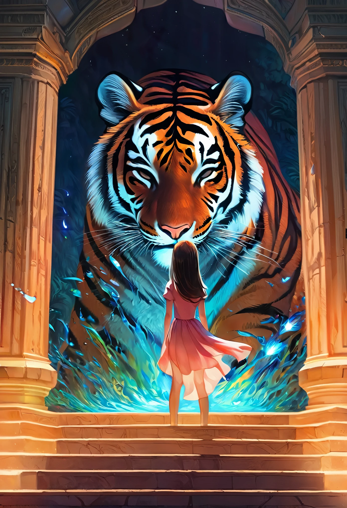 cover page, highres, top quality, best quality, paid reward available, unparalleled masterpiece, perfect artwork, absurdres, High-quality illustrations, super high resolution, detailed background, perfect anatomy, tiger and girl, Tiger painting, A flash of light runs, Colorful water levitation(2D:1.5) ((dramatic))epic, One scene of movie,