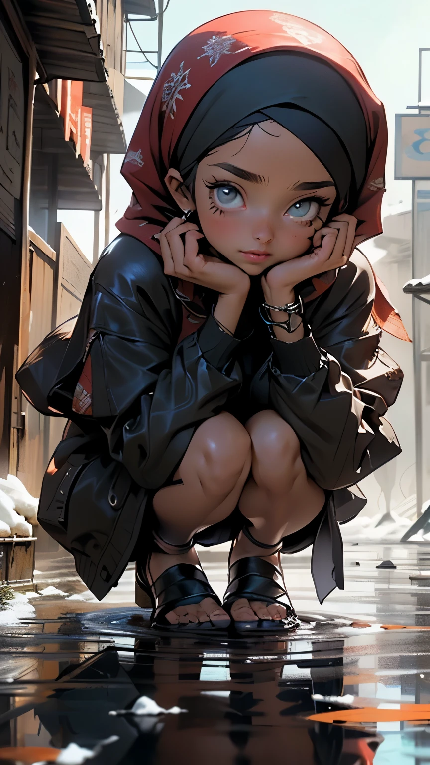 the background, dramatic lighting, intense colors.
完整的prompt如下:
"Muslim child girl, traditional hijab, fully covered,crying up to the sky covered in dirt sitting on the ground,far from camera,facing away from the viewer,surrounded by rubble burning buildings,dramatic lighting, intense colors,(best quality,4k,8k,highres,masterpiece:1.2),ultra-detailed,(realistic,photorealistic,photo-realistic:1.37),portraits"