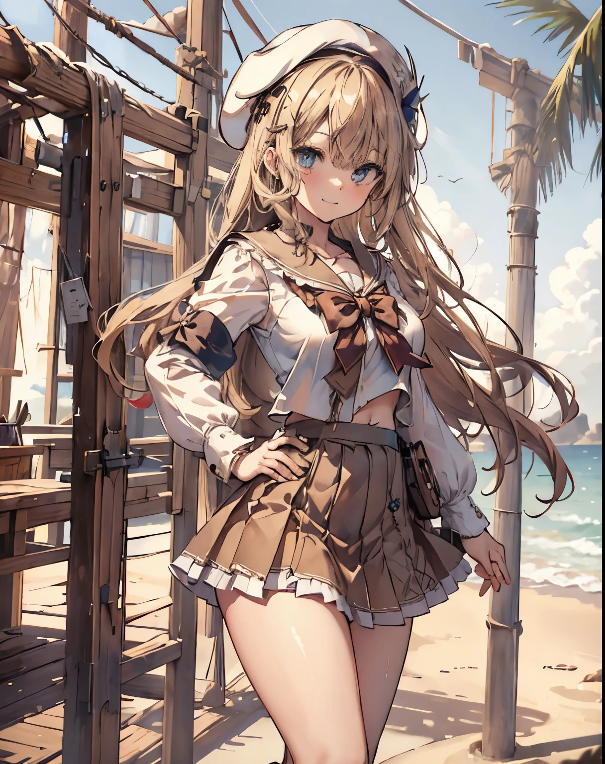 masterpiece, 1girl, sparrow, a blonde haired girl, wearing a white sailor clothes, curly long hair, messy hair, slim body, he close her left eye, shirt ornament, aqua eyes, sho show her back, ahoge, , big breast, beautiful breasts, rounded breasts, braid hair, beret, long sleeves, beautiful eyes, white stocking, droopy eyes, miniskirt, brown skirt, plaid skirt, her age is 19 years old, beret, beach, bowtie, sailor collar, pleated skirt, evil smile, round_eyewear