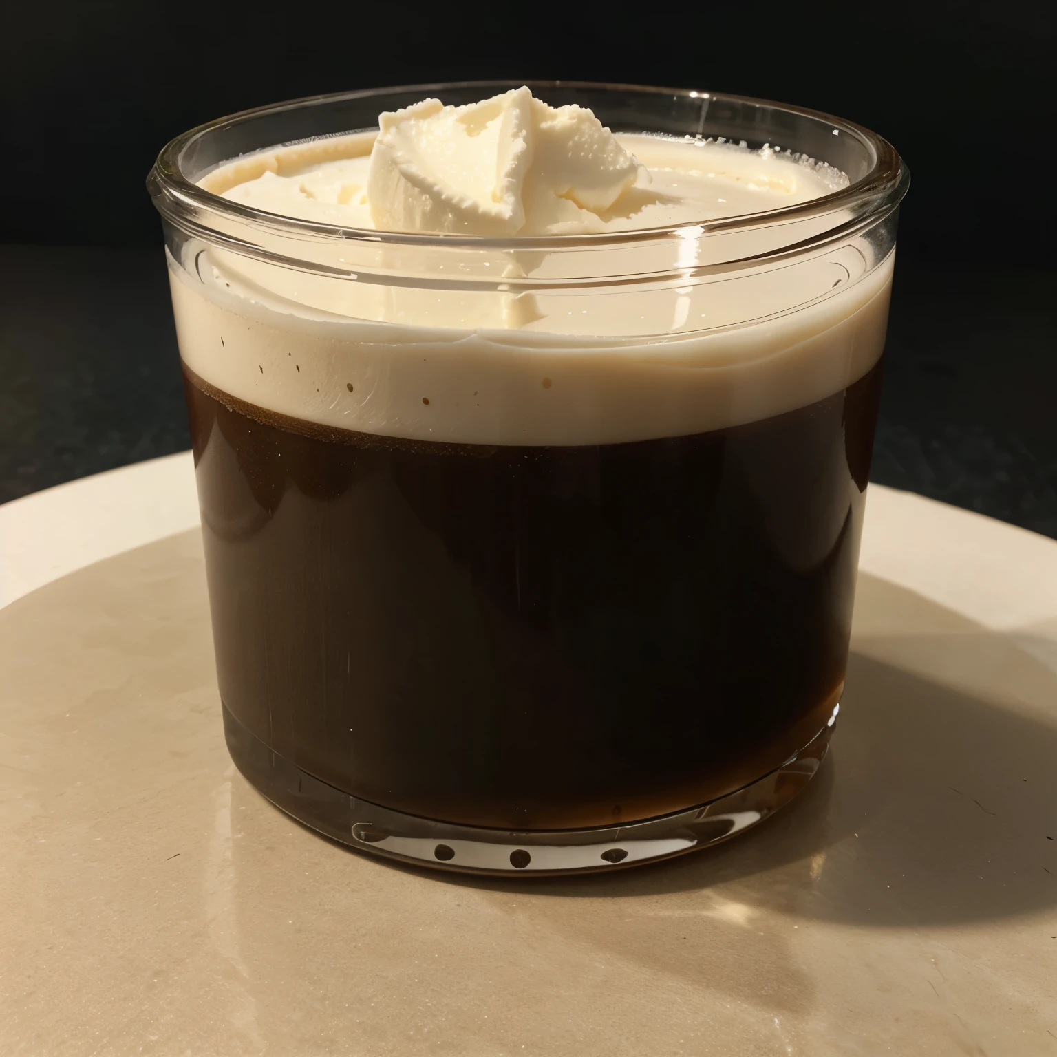 Cylindrical product made from brown ice, which looks creamy and is wrapped with a layer of transparent plastic