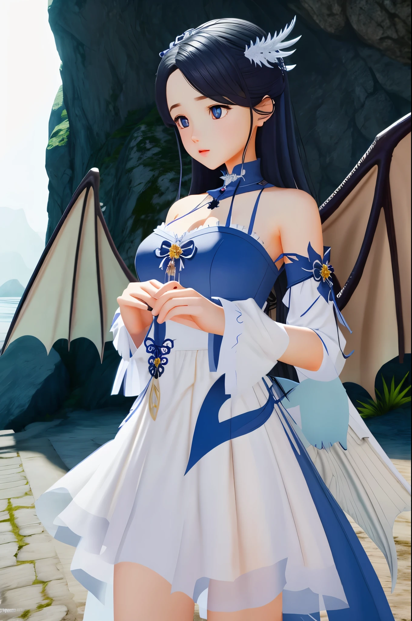 ((best quality)), ((masterpiece)), ((ultra-detailed)), extremely detailed CG, (illustration), ((detailed light)), (an extremely delicate and beautiful), a girl, solo, ((upper body,)), ((cute face)), expressionless, (beautiful detailed eyes), blue dragon eyes, (Vertical pupil:1.2), white hair, shiny hair, colored inner hair, (Dragonwings:1.4), [Armor_dress], blue wings, blue_hair ornament, ice adorns hair, [dragon horn], depth of field, [ice crystal], (snowflake), [loli], [[[[[Jokul]]]]],