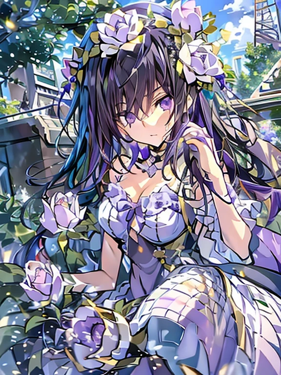 nswf、masterpiece, best quality, 1 girl,solo,codegeass,lelouch,Feminization、Feminization,18-year-old、 Long Hair、Black Hair、beautiful purple eyes、Beautiful Hair、170cm, Small waist、Beautiful body、Beautiful breasts、A purple summer dress that reflects the whole body、Blue rose corsage