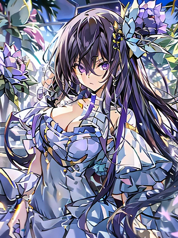 nswf、masterpiece, best quality, 1 girl,solo,codegeass,lelouch,Feminization、Feminization,18-year-old、 Long Hair、Black Hair、beautiful purple eyes、Beautiful Hair、170cm, Small waist、Beautiful body、Beautiful breasts、A purple summer dress that reflects the whole body、Blue rose corsage