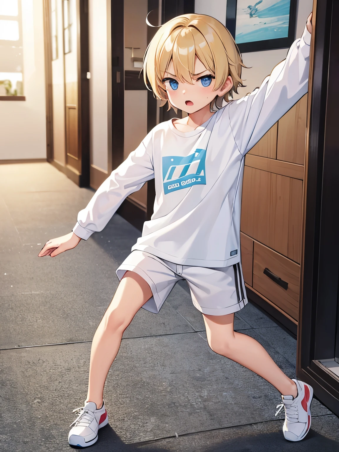 boy,guy,5 yeargry expression,Short blonde hair,blue eyes,messy hair, wearing White t-shirt,plain t-shirt,long sleeve t-shirt, white shorts, Plain t-shirt,Running down the hall,full body photo