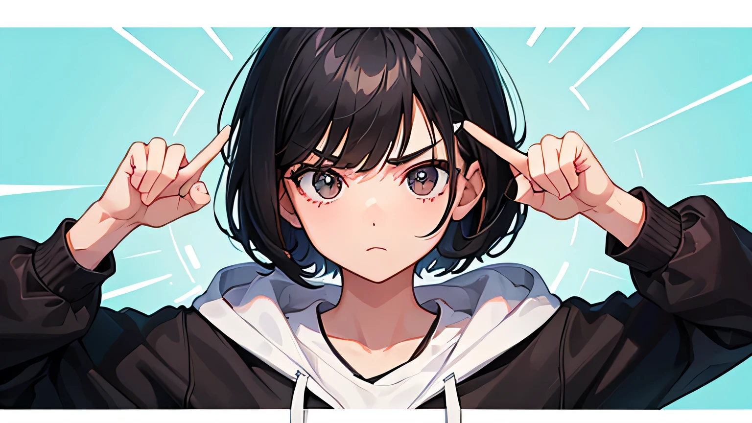 One girl, bangs, Eyebrows visible through hair, short hair, Black Hair, hoodie, Point your finger at viewers, View the viewer, Angry reactions,