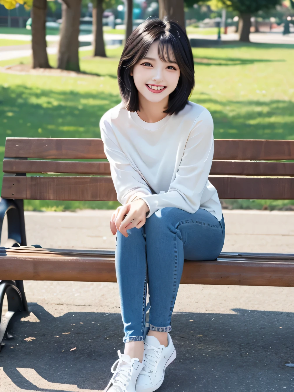highest quality)), ((masterpiece)), (Get used to it), Perfect Face、((highest quality)), A neat and beautiful woman sitting on a park bench、Long sleeve blouse、Skinny jeans、sneakers、Black Hair、Short Haircut、smile、smile showing teeth、Full body photo、Ear Piercing Information

