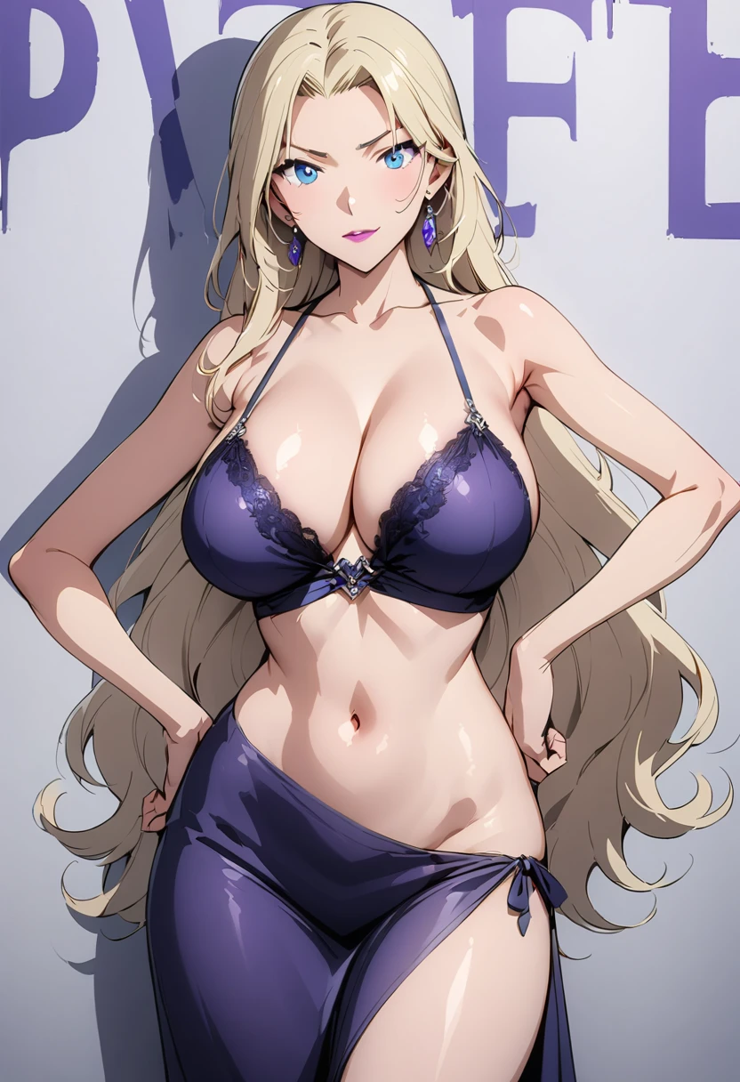 （best quality,masterpiece,blond hair,Purple evening dress：1.2），Perfect body,full-body shot,Cool poster，36 years old，Mature beauty,individual,Anime style