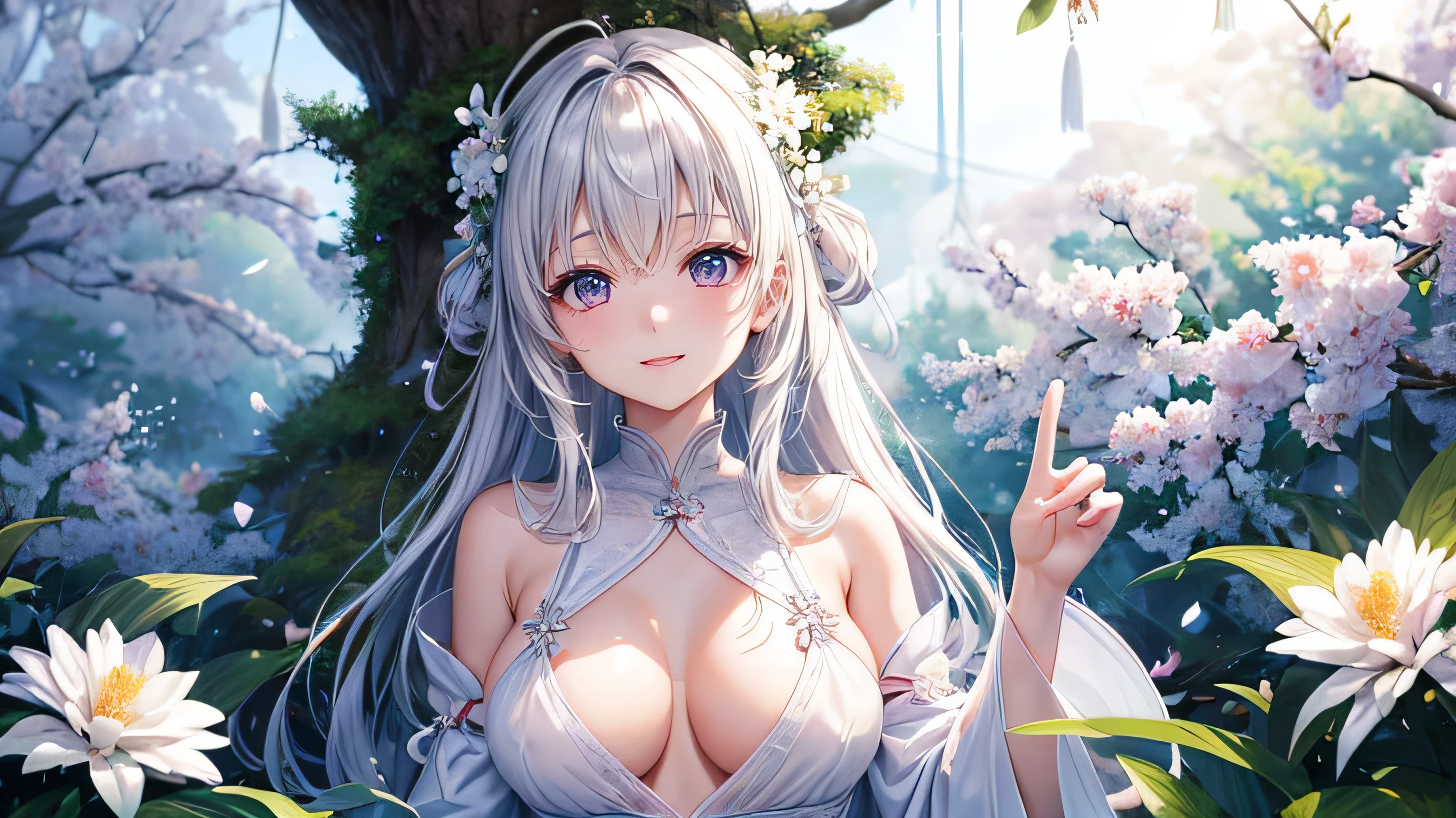 masterpiece、High-definition CG integrated 8K wallpaper、1Girl、beautiful、Genuine、とっても可愛いGirl、(Girl)、Dark brown hair、Long Hair、Anime Chick Hair、Violet eye、Brown Eye、smile、(Clear white skin))、branch、plum offlower、depth_of_Field、flower、gem、nose、Genuine、alone、uniform、White Dress、The shape of the nipple appears a little、Hide your fingers、Hide your arms、just wear a bra、shrine、torii、Sakura offlower petals. Inari、