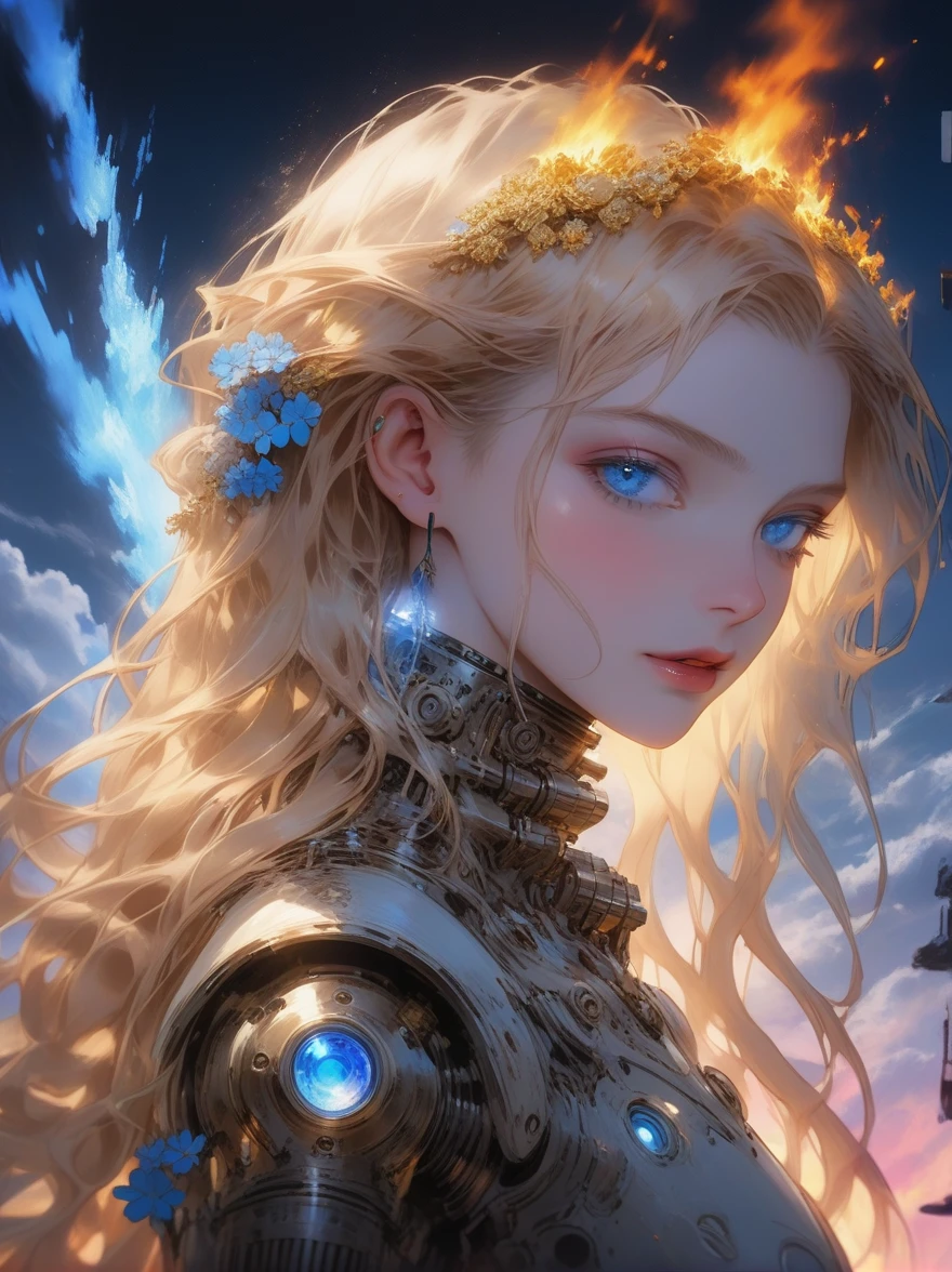 (((covered in flowers))), (1girl), blue eyes, night sky, robot joints, (raw flesh:1.3), [blonde hair:3] faize, fire and ice, (image split in half with multiple colours), ((cogs attached to body:1.1)), gold plates, blue eyes, sapphire, liquid metal, night sky, (looking at an angle:1.3), (fire and ice), ((ral-chrome)), [hair bow:2], [forest:3], [fog:3]