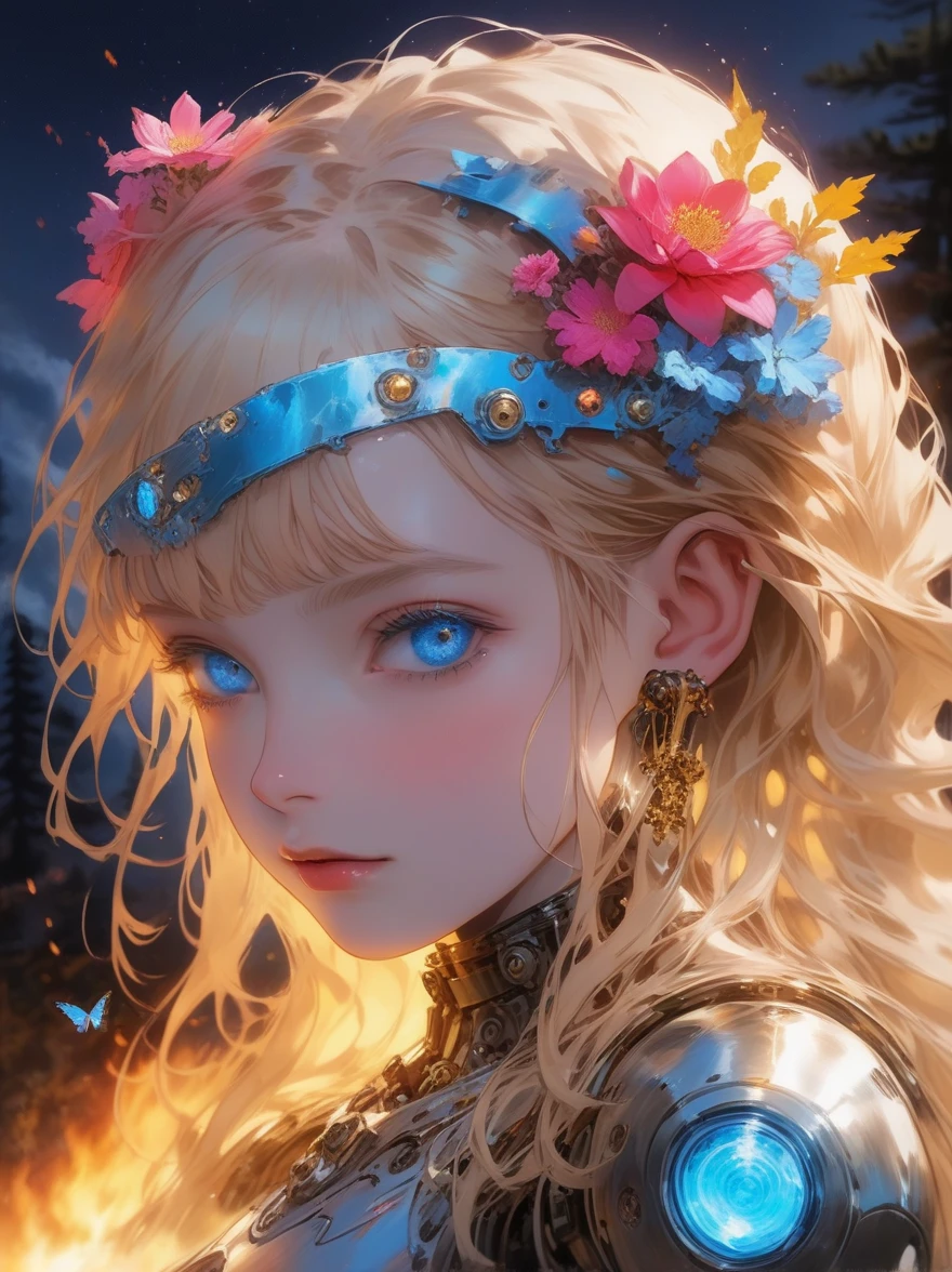 (((covered in flowers))), (1girl), blue eyes, night sky, robot joints, (raw flesh:1.3), [blonde hair:3] faize, fire and ice, (image split in half with multiple colours), ((cogs attached to body:1.1)), gold plates, blue eyes, sapphire, liquid metal, night sky, (looking at an angle:1.3), (fire and ice), ((ral-chrome)), [hair bow:2], [forest:3], [fog:3]