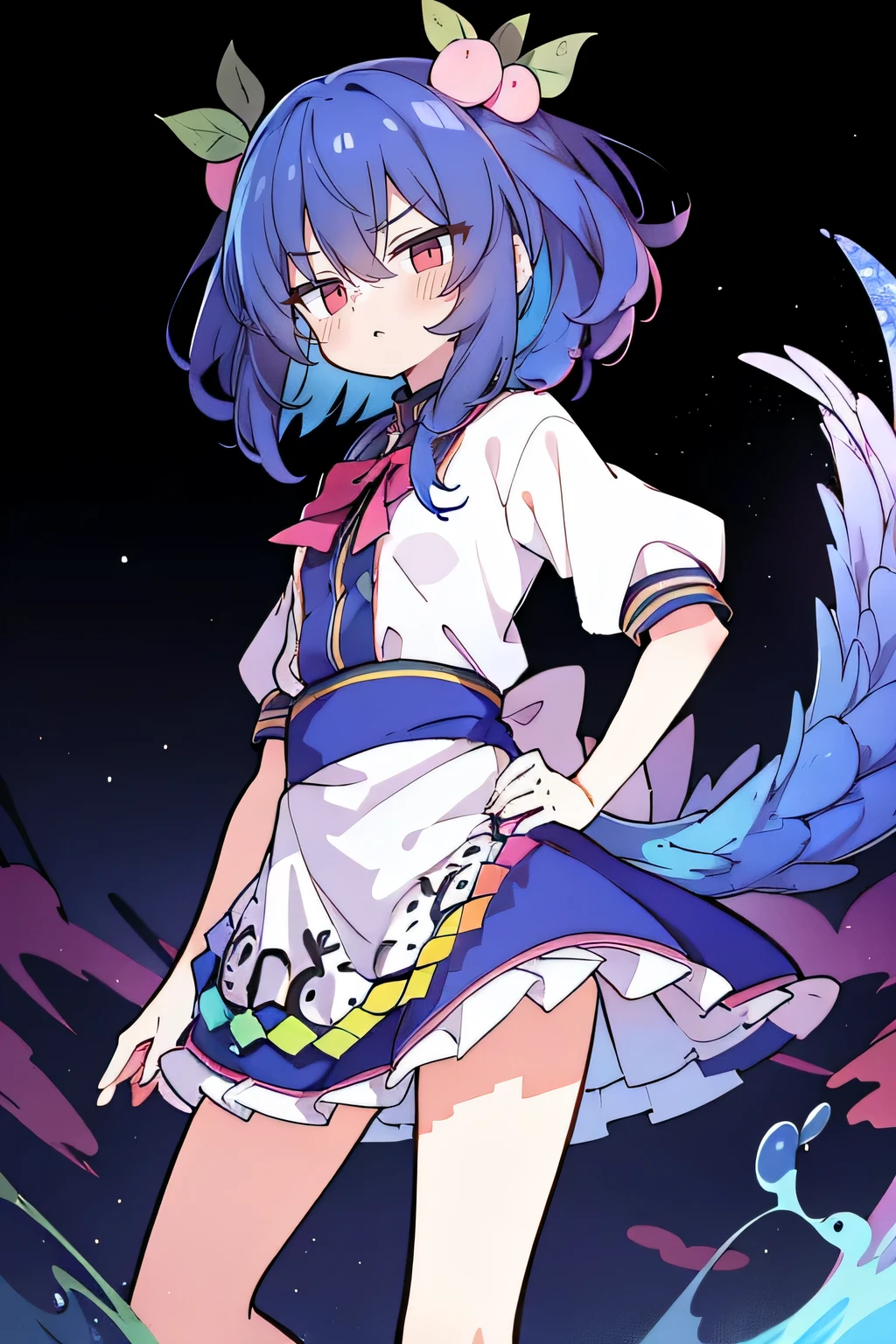(masterpiece),best quality, expressive eyes, perfect face, 1girl,
 Put your hands on your waist,fair, Gorgeous,Japanese cartoons,girl,lola,Hina Angel, blue hair, blue haired, floating clothes,Grab your waist, Grab your waist, hands on hips , hands on hips,sit, sit on ground, Legs on the ground, flat chest,starry sky,Pink eyes,