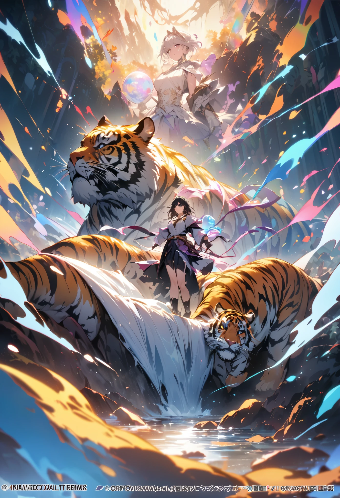 cover page, highres, top quality, best quality, paid reward available, unparalleled masterpiece, perfect artwork, absurdres, High-quality illustrations, super high resolution, detailed background, perfect anatomy, tiger and girl, Tiger painting, A flash of light runs, Colorful water levitation(2D:1.5) ((dramatic))epic, One scene of movie,