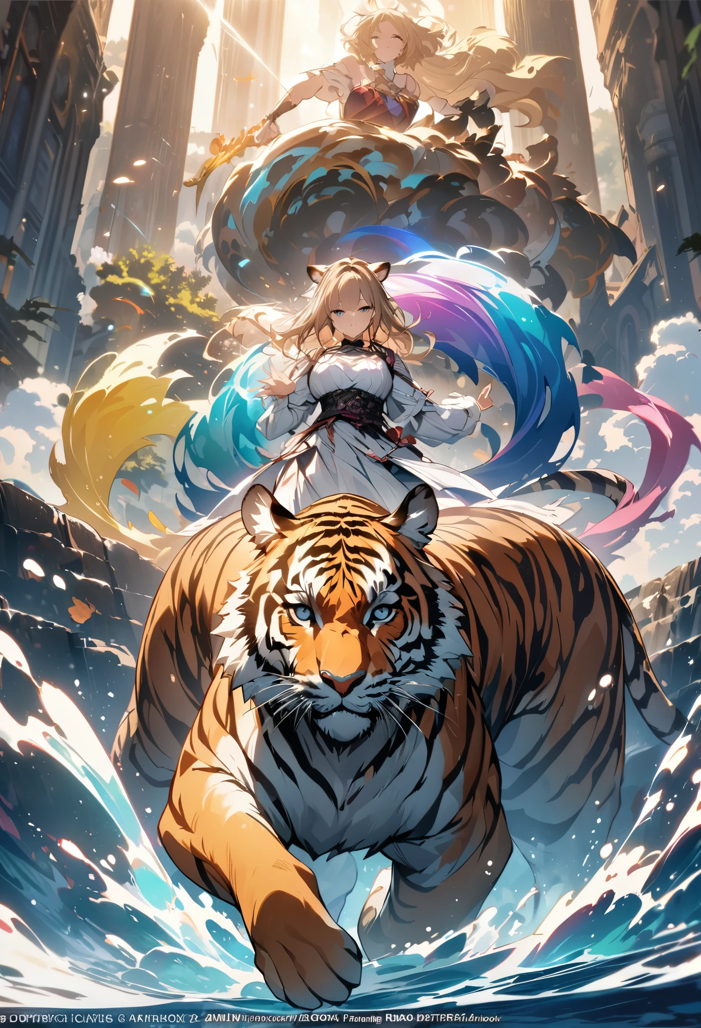 cover page, highres, top quality, best quality, paid reward available, unparalleled masterpiece, perfect artwork, absurdres, High-quality illustrations, super high resolution, detailed background, perfect anatomy, tiger and girl, Tiger painting, A flash of light runs, Colorful water levitation(2D:1.5) ((dramatic))epic, One scene of movie,
