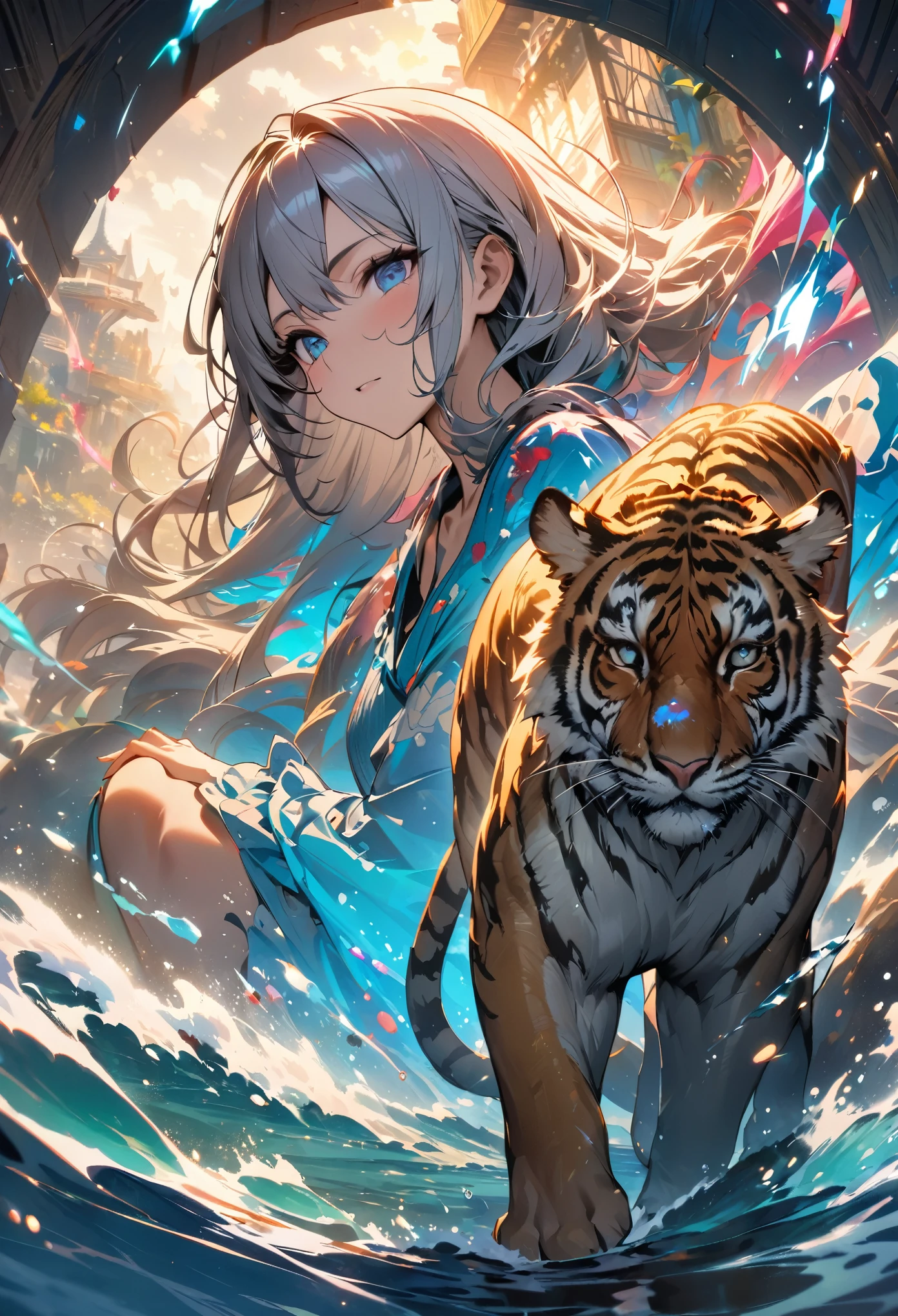 cover page, highres, top quality, best quality, paid reward available, unparalleled masterpiece, perfect artwork, absurdres, High-quality illustrations, super high resolution, detailed background, perfect anatomy, tiger and girl, Tiger painting, A flash of light runs, Colorful water levitation(2D:1.5) ((dramatic))epic, One scene of movie,