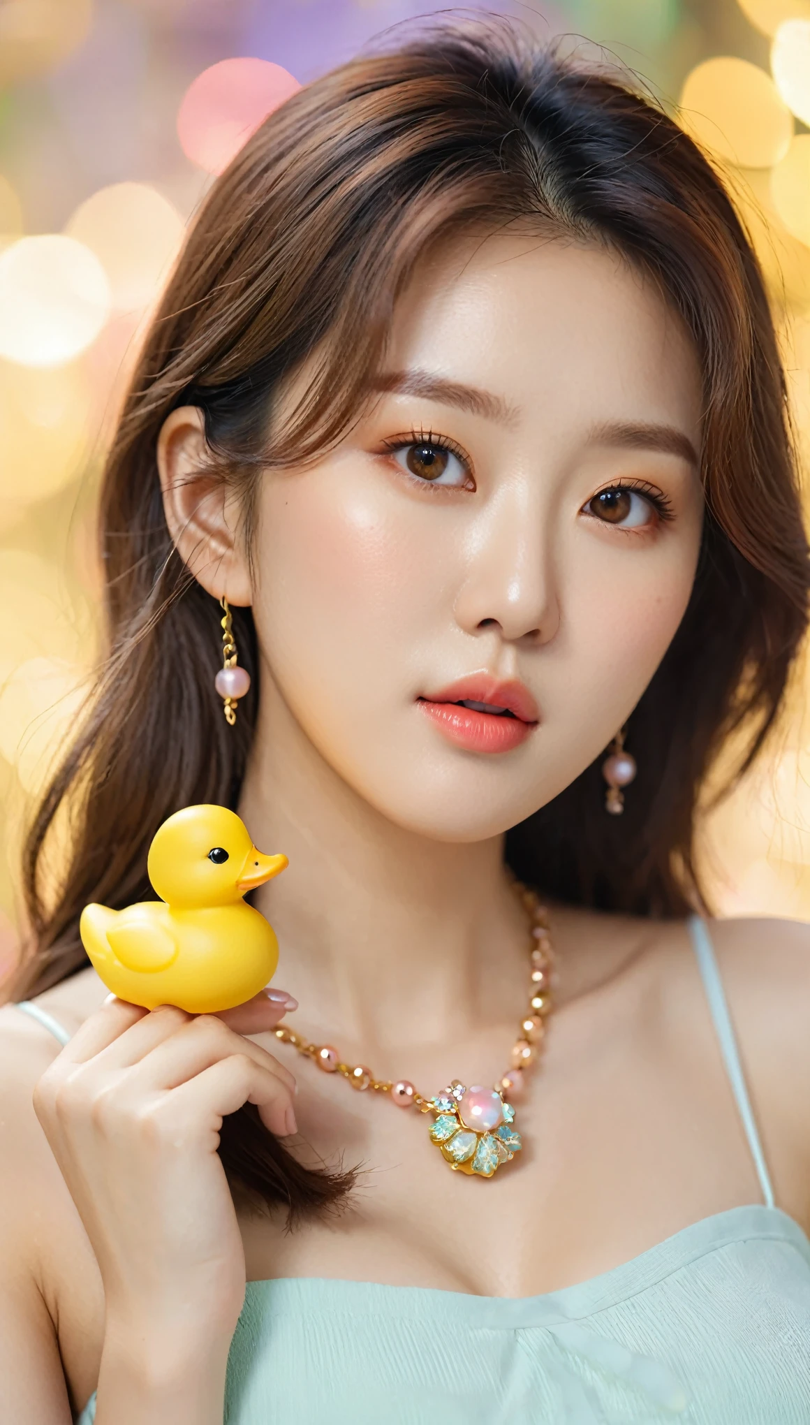 close-up of beautiful korean female, 34 inch breasts size, wearing  crop top, necklace, holding tiny yellow duck, pastel bokeh background, UHD