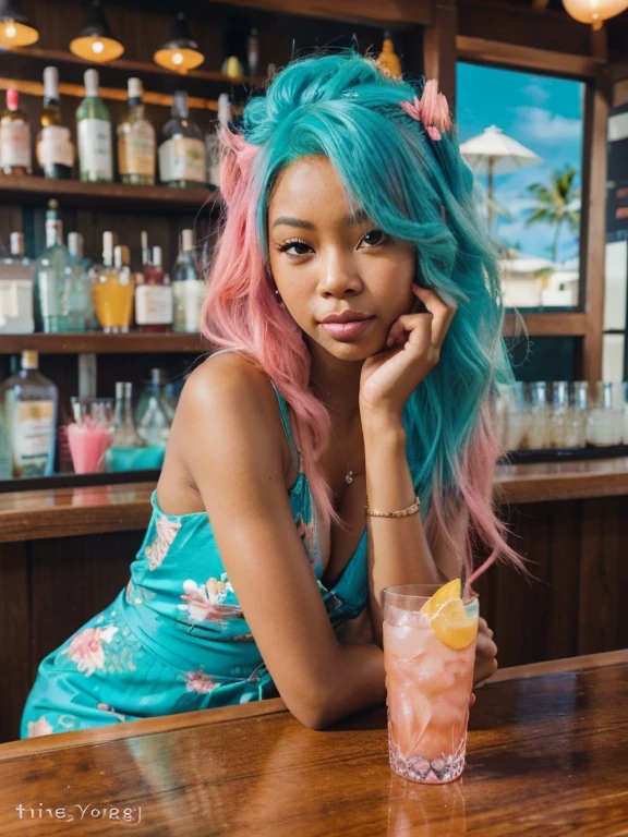 a beauiful blasian girl with pouty lips and pink hair poses for a picture while holding winking and sitting at the bar of a beachside resort sipping on a cocktail wearing turquoise