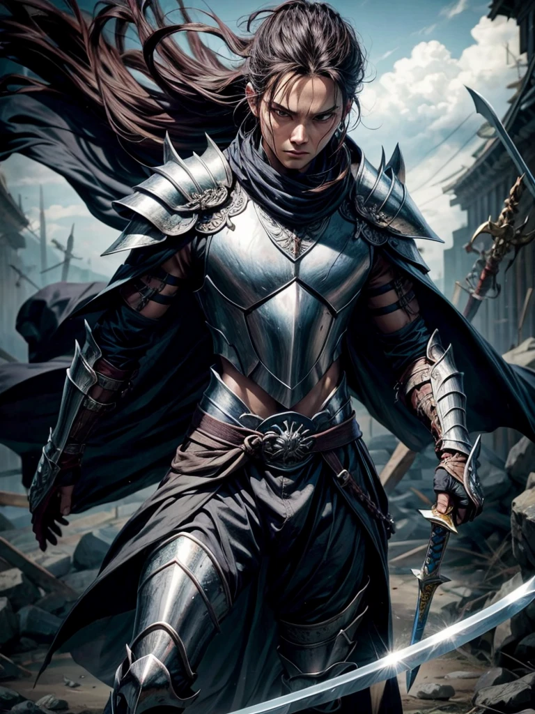 A swordsman, oil painting, detailed armor, flowing cloak, fierce expression, dramatic lighting, intense battle scene, best quality, realistic style, vibrant colors, piercing eyes, sharp sword, battle scars, dynamic pose, historical setting, ancient weapons, epic composition.