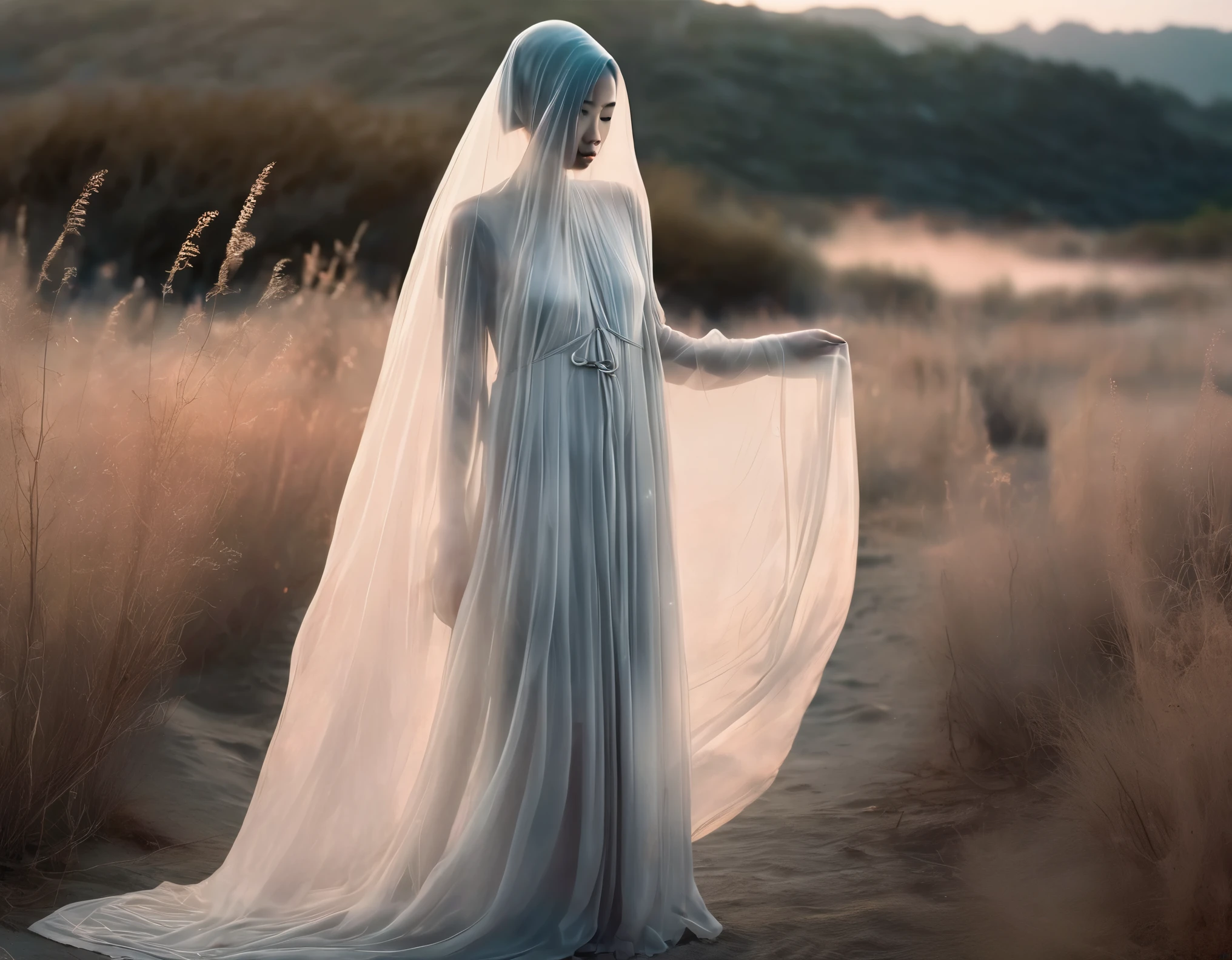 A full body photo of a transparent Asian ghost girl, her ethereal figure embraced by a gentle mist, a huge breast concealed by translucent fabric, a very thin waist accentuating her otherworldly figure, and big buttocks round and defined despite being made of ghostly matter. The ghost girl wore long flowing robes, her hair a wisp of smoke, her eyes glowing with an otherworldly light, adding to the mystical and eerie atmosphere surrounding her. The scene was captured in stunning detail, the high-quality photo revealing every curve and contour, every ripple in the ghostly flesh, a masterpiece of supernatural beauty. (1.4 resolution, ultra-high definition,