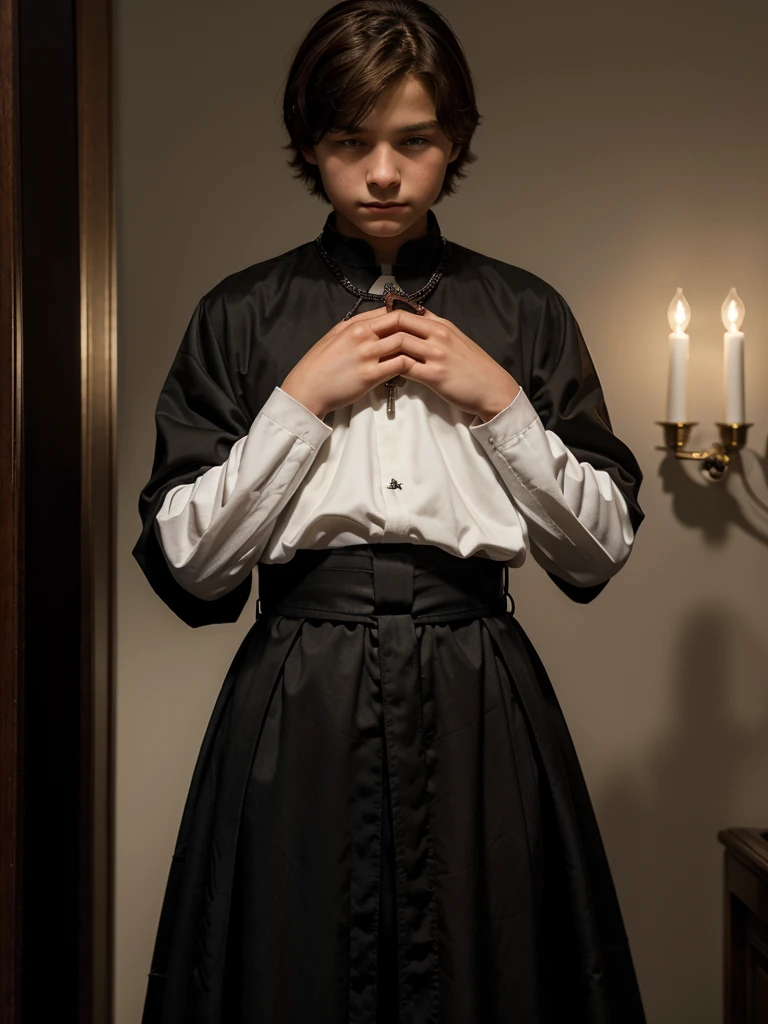 A 13-year-old boy wearing a long-sleeved black cassock with a waist sash praying the Catholic rosary, white-skinned boy, light brown hair, fine face, American features