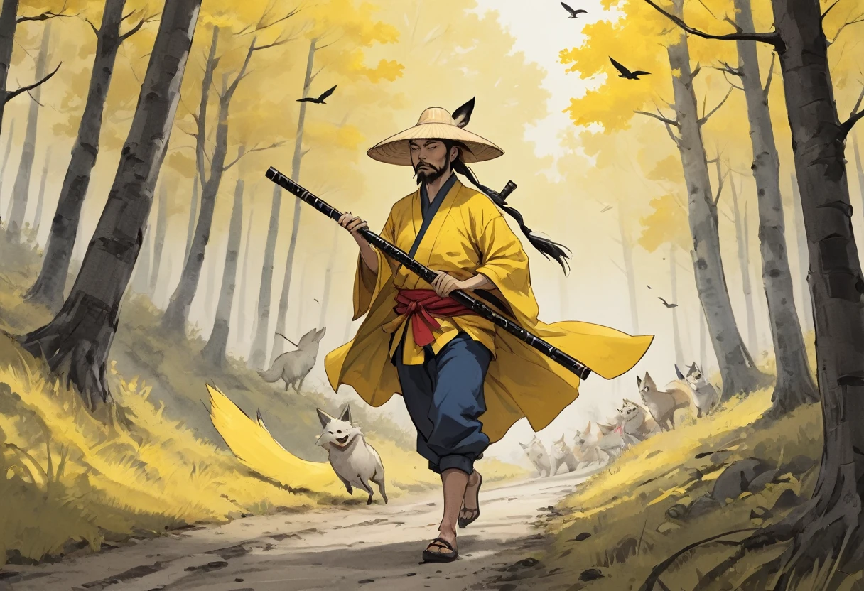 Gritty (Usagi Yojimo istyle reference n the style of hand drawn Stan Sakai) caprice and whimsy of the wanderder the Ghost of Tsushima, sword resting on hip, wandering a vacant forest path, wearing a yellow traveler outfit and ronin straw hat, playing the shakuhachi flute to the yellow birds flying and red foxes frolicking, with cel shading, rich color grading, in a wordless cinematic scene. charcoal, bold expressive ink lines,
