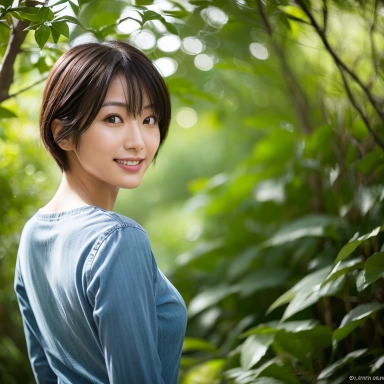 A beautiful Japanese woman in her thirties with short hair, wearing a dark blue long-sleeved cotton shirt and jeans pants, looks back at me and smiles in the sunlight filtering through the leaves of a fresh green forest. Focal length 100mmf/2.8, spring morning, sunny, forest road in a natural park, well-shaped face, toned body, close-up of expression, sense of presence, 8K image quality, highest quality.