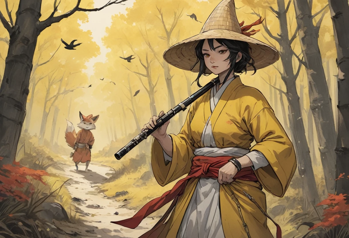 Gritty (Usagi Yojimo istyle reference n the style of hand drawn Stan Sakai) caprice and whimsy of the wanderder the Ghost of Tsushima, sword resting on hip, wandering a vacant forest path, wearing a yellow traveler outfit and ronin straw hat, playing the shakuhachi flute to the yellow birds flying and red foxes frolicking, with cel shading, rich color grading, in a wordless cinematic scene. charcoal, bold expressive ink lines,
