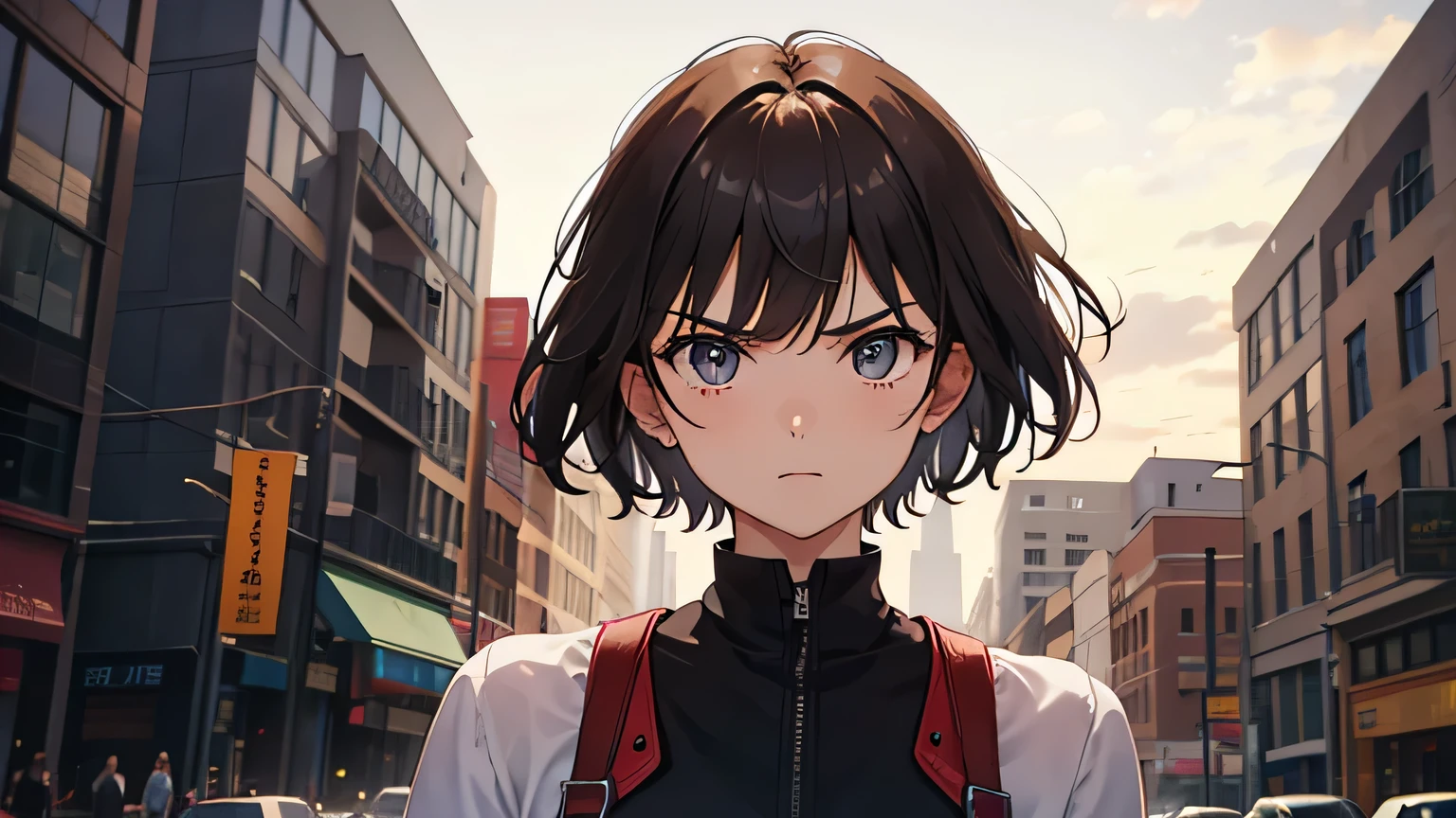 One girl, bangs, Eyebrows visible through hair, short hair, brown hair, Angry reactions, 