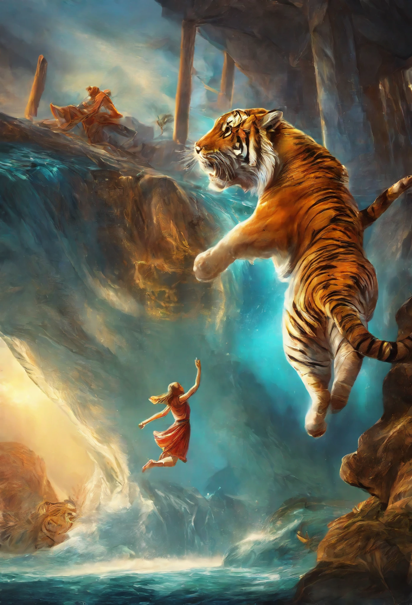 cover page, highres, top quality, best quality, paid reward available, unparalleled masterpiece, perfect artwork, absurdres, High-quality illustrations, super high resolution, detailed background, perfect anatomy, tiger and girl, Tiger painting, A flash of light runs, Colorful water levitation(2D:1.5) ((dramatic))epic, One scene of movie,