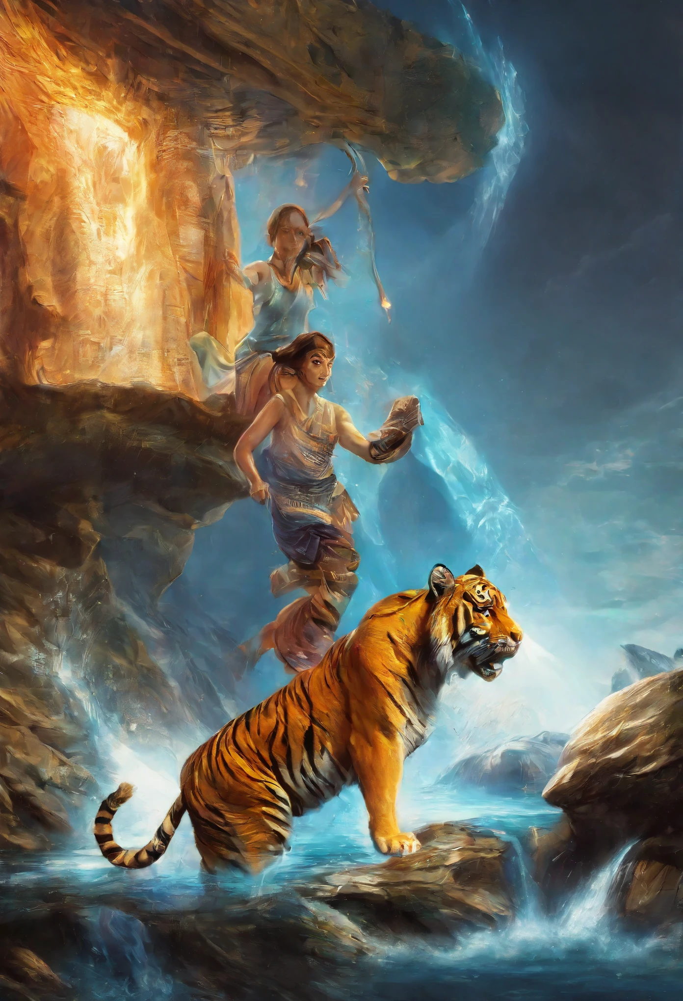 cover page, highres, top quality, best quality, paid reward available, unparalleled masterpiece, perfect artwork, absurdres, High-quality illustrations, super high resolution, detailed background, perfect anatomy, tiger and girl, Tiger painting, A flash of light runs, Colorful water levitation(2D:1.5) ((dramatic))epic, One scene of movie,