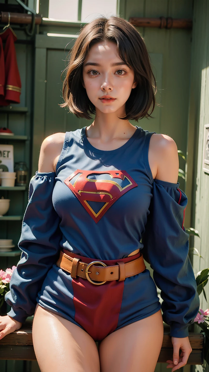 Woman defined body, dark short hair,21 years old,big breasts,Supergirl costume dress
