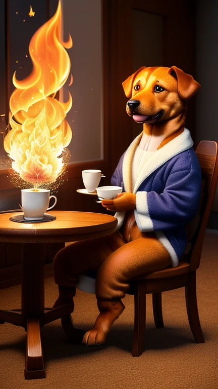 (best quality:1.23), (masterpiece:1.12), (Practical:1.24), (Anthropomorphic dog:1.5) holding coffee cup, sitting, Wearing a robe, eating breakfast and holding coffee cup, have, particle, Volumetric Lighting, The room burned down, The floor and chairs are on fire, Many gadgets and equipment caught fire, smokes, (Flames all around:1.2),