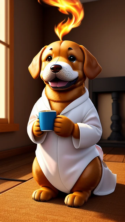 (best quality:1.23), (masterpiece:1.12), (Practical:1.24), (Anthropomorphic dog:1.5) holding coffee cup, sitting, Wearing a robe, eating breakfast and holding coffee cup, have, particle, Volumetric Lighting, The room burned down, The floor and chairs are on fire, Many gadgets and equipment caught fire, smokes, (Flames all around:1.2),