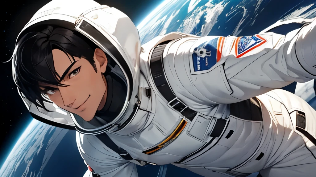 Handsome male model　Short black hair　Slim and muscular　Super handsome model　Smiling at the camera in a white spacesuit　gloves　boots　whole body　　Earth seen from space on the right　Spacewalking towards here　Airborne　left half space　