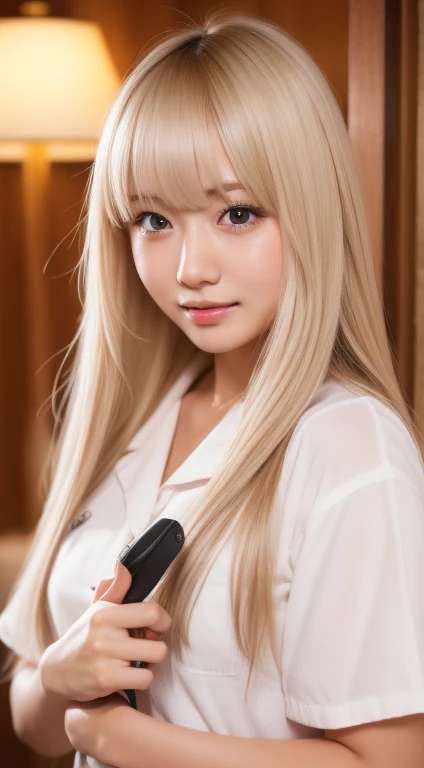 4K、RAW Photos、Photorealistic、High resolution、Cute  woman in Japan , Idol-like face、long hair of bright blonde、With bangs、Sunburned skin、Cute tanned real photo girl、、Night shift care staff、Nursing home