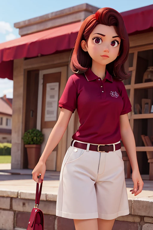 Create a character with a burgundy polo shirt with the Isabella Móveis logo