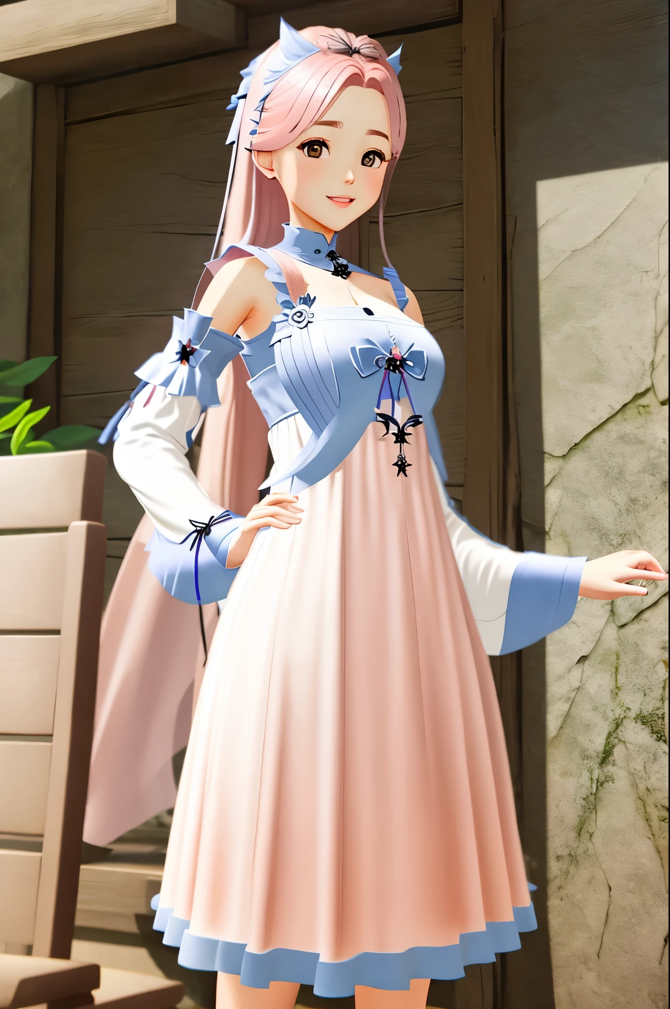 {masterpiece}, best quality, kawaii, maid, pink hair, light smile, apron,