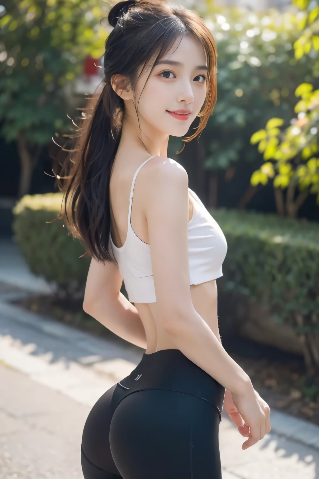 masterpiece, Best quality, Ultra-high resolution, High detail photos, Unity 8K Wallpaper, Extremely detailed CG:1.2), Depth of Field, Bokeh, (original photo:1.Realistic Photography:1.4), (1 Girl:1.5), young, Chinese Girl, whole body照, Physically based representation, fair, (Exquisite facial details:1.4, Detailed clothing, Tie your hair into a bun), (detailed:1.4) named (Hidemi Fukada:1.1) rest Cara hermosa, Depth of Field, Add layer, hyper-realistic, , Perfect body model, Perfect breasts, Height 165 cm, Strike sexy poses, whole body, whole body, Dancer body type, rest (White tight cropped top, Black leggings:1.3), (long hair:1.2), doble parpado rest garden, Smile, (From below:1.5), Stick your butt out, Turbulent posture, Nipple protrusion, Nipple protrusion, Nipple protrusion, Small seam recessed, , , Running Water, Running Water, Take off your pants的动作, Take off your pants