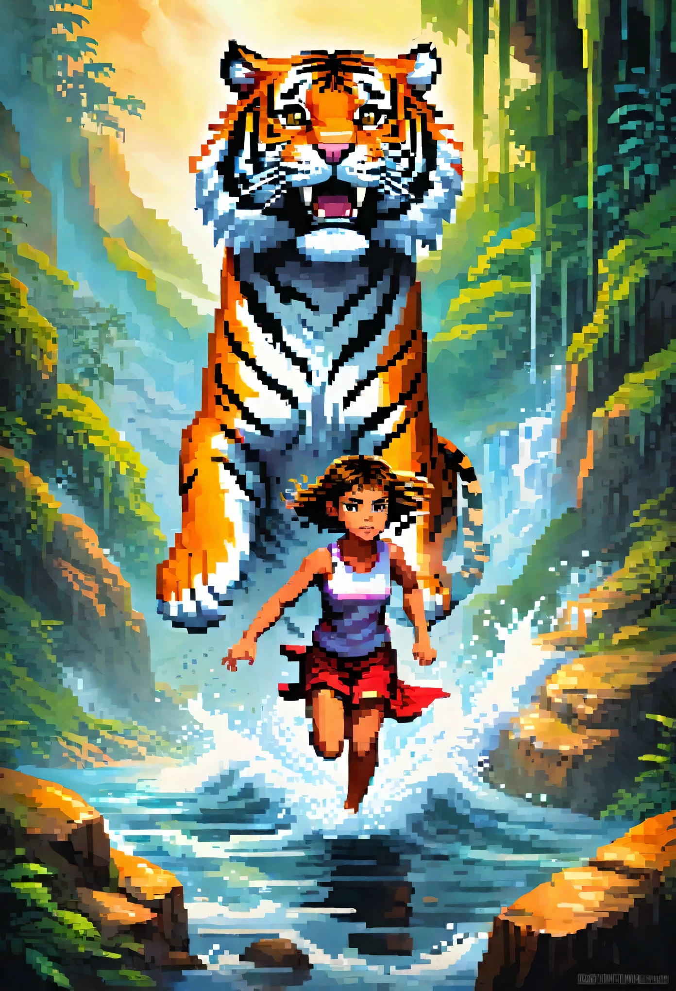 cover page, highres, top quality, best quality, paid reward available, unparalleled masterpiece, perfect artwork, absurdres, High-quality illustrations, super high resolution, detailed background, perfect anatomy, tiger and girl, Tiger painting, A flash of light runs, Colorful water levitation(2D:1.5) ((dramatic))epic, One scene of movie,