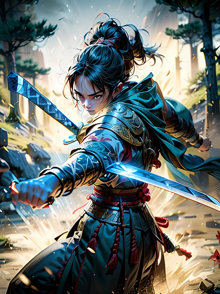 (a skilled warrior),sword fighting,sharp steel swords,battlefield,epic duel,masterful swordsmanship,swift and precise strikes,dynamic poses,flowing movements,clashing blades,sparks flying,spinning and twirling swords,concentration and focus,feudal Japan,samurai culture,dramatic lighting and shadows,vivid colors,ink wash painting techniques,traditional Japanese art style,strong contrasts between light and dark,emotional intensity,action-packed scene,momentum and energy,rhythmic swordplay,showcasing the warrior's skill and agility,effortless grace and elegance,attention to elaborate details on the swords and warriors' attire and armor,authentic historical accuracy,forests in the background,falling cherry blossoms,quiet determination and fierce determination,an array of lethal sword techniques and styles,reverence for honor and discipline,reverberating echoes of clashes,adrenaline-filled atmosphere,visual storytelling through the intensity and choreography of the fight,the anticipation and tension between opponents,summoning the spirit of the warrior,creating an immersive and captivating scene of swordsmanship.
