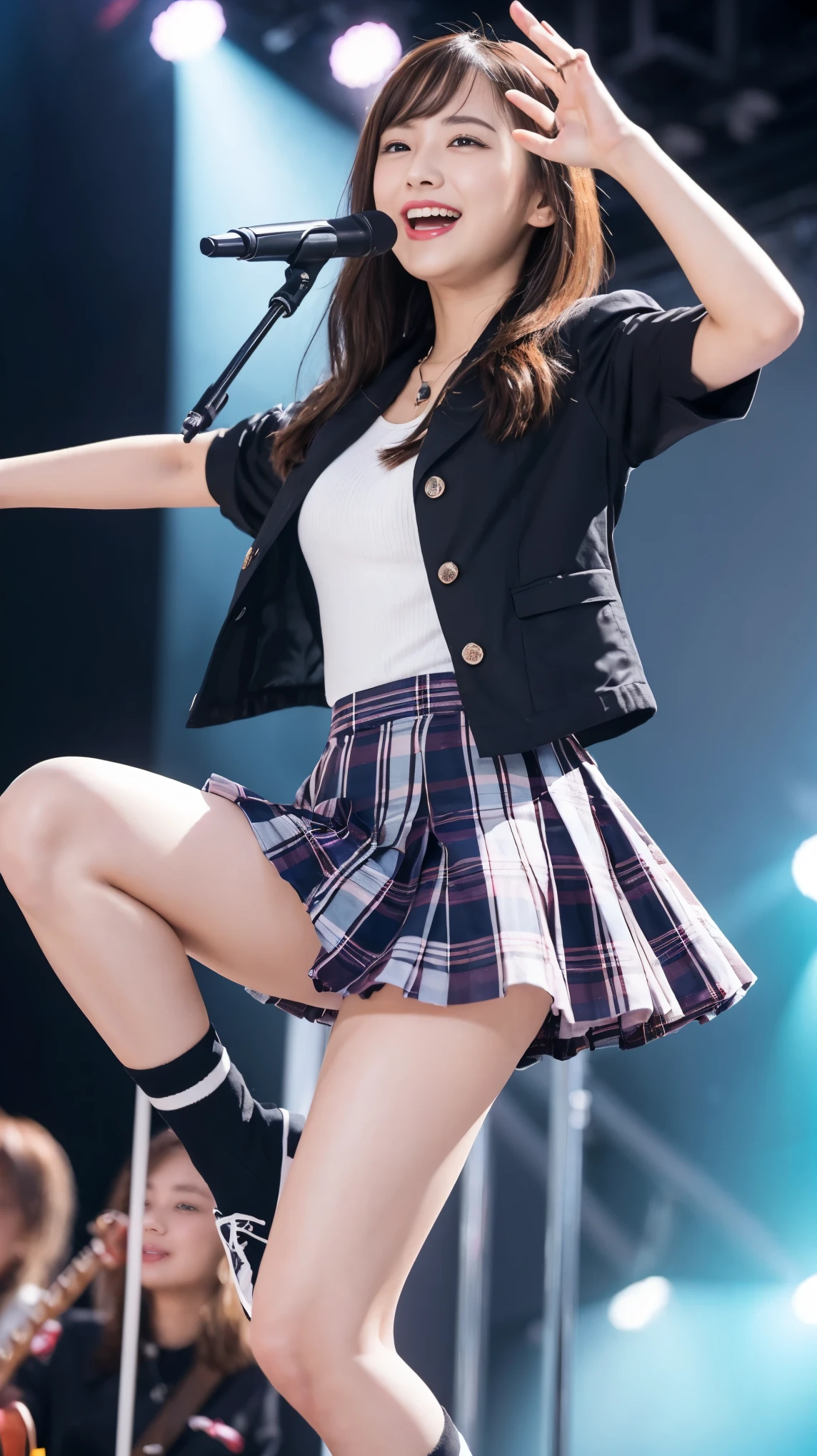 highest quality,masterpiece,Ultra-high resolution,(Actual:1.4),Original photo,Ultra-high resolution,8K,Wearing Nogizaka46 stage costumes,Flashy makeup with red eyeshadow,Big laughing smile,Short, side-wave style for delicate hair,A live costume of a high school girl's uniform mini skirt,Live costume: high school girl uniform jacket,She was jumping with her legs raised, causing her skirt to flip up and expose her thighs.:1.5,Concert Venues,Hand holding a wireless microphone,Low - Angle,