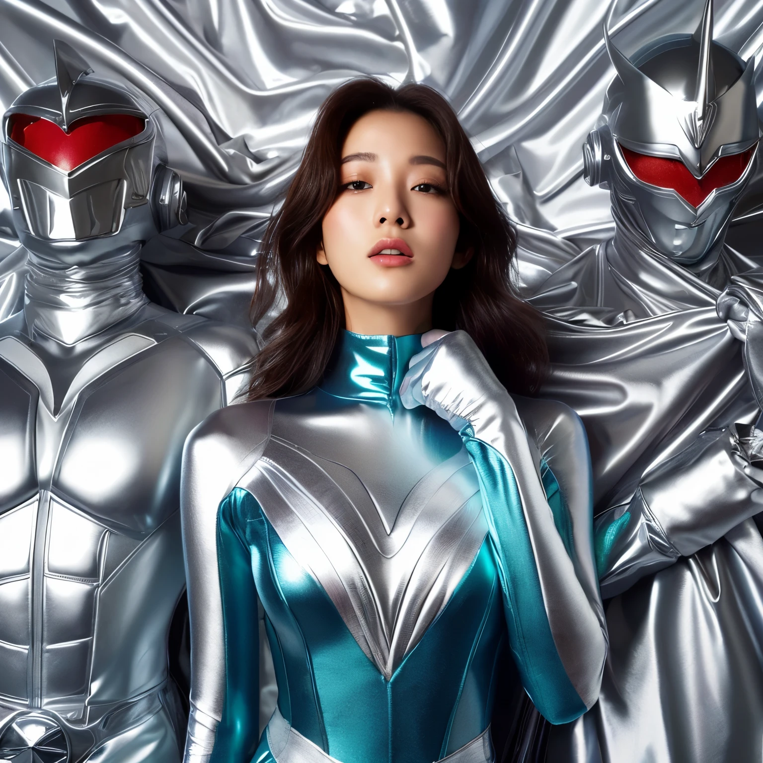 best image quality、Super high resolution、(realism:1.4)、Korean beauty star、The most beautiful KPOP star、horny face、Horny Korean makeup、erotic expression、A body that makes you want to touch it、erotic photos、((Realistic shiny satin fabric texture、High-gloss stretch satin fabric that is smooth and smooth to the touch.、The drape of the curved part of the shiny satin fabric、strong shiny costume、The smooth and beautiful quality and luster of the costumes、A shiny costume made of high-quality satin fabric with high density.、Smooth to the touch oil light liang ice 縝绸 ultra-class battleship skin coat COS、Super Sentai Women&#39;s Heroine Suit、Texture of costumes that satin fetishists respond to、Thin, glossy stretch satin fabric)),8K photo quality