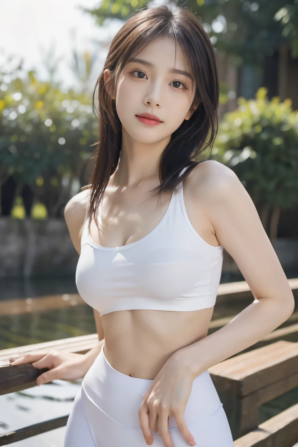 masterpiece, Best quality, Ultra-high resolution, High detail photos, Unity 8K Wallpaper, Extremely detailed CG:1.2), Depth of Field, Bokeh, (original photo:1.Realistic Photography:1.4), (1 Girl:1.5), young, Chinese Girl, whole body照, Physically based representation, fair, (Exquisite facial details:1.4, Detailed clothing, Tie your hair into a bun), (detailed:1.4) named (Hidemi Fukada:1.1) rest Cara hermosa, Depth of Field, Add layer, hyper-realistic, 14 years old, Perfect body model, Perfect breasts, Height 165 cm, Strike sexy poses, whole body, whole body, Dancer body type, rest (White tight cropped top, Black leggings:1.3), (long hair:1.2), doble parpado rest garden, Smile, (From below:1.5), Stick your butt out, Turbulent posture, Nipple protrusion, Nipple protrusion, Nipple protrusion, Small seam recessed, , , Running Water, Running Water, Take off your pants的动作, Take off your pants