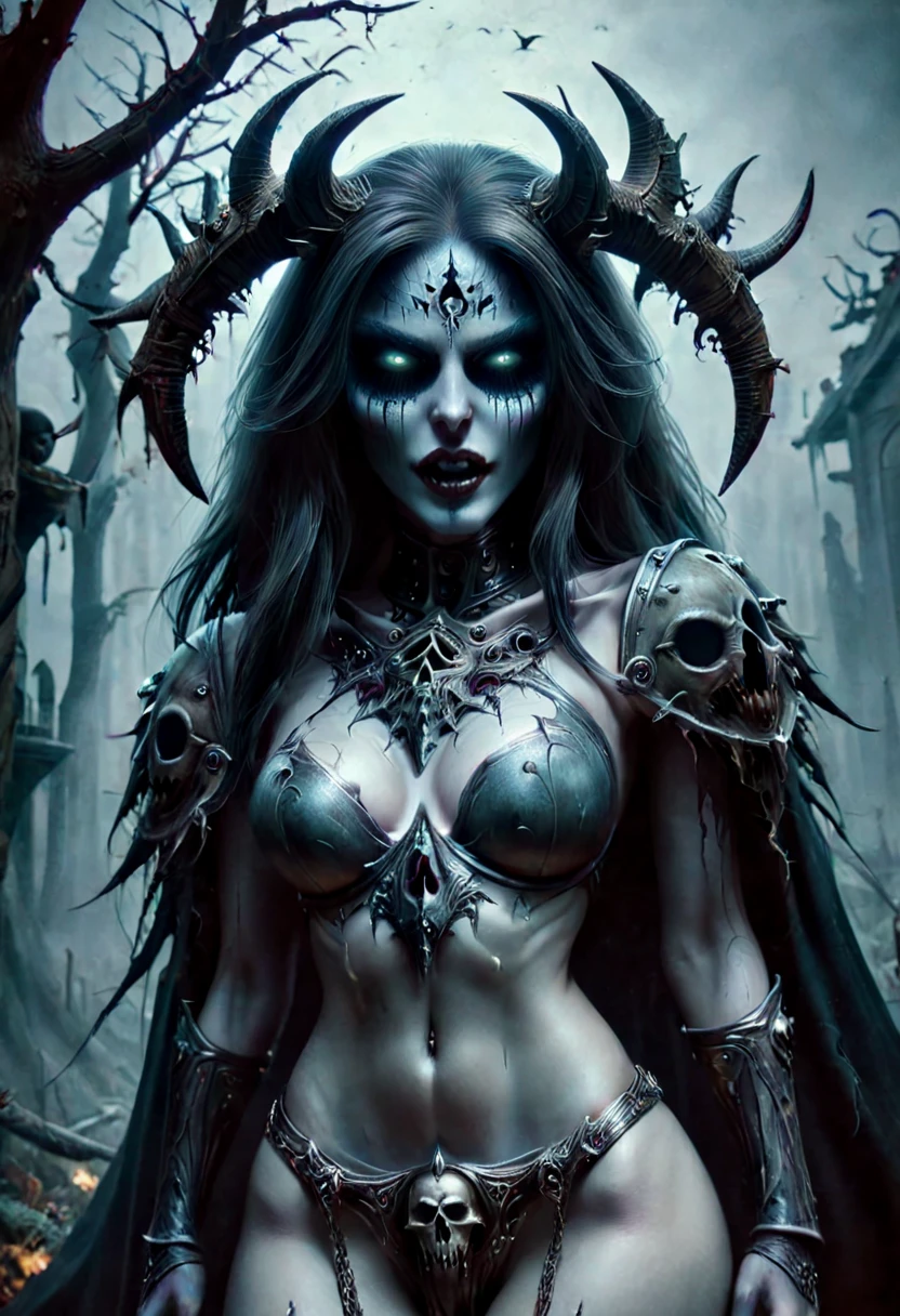 Evil sadistic death, undead head, gorgeous seductive body, seductive pose,  