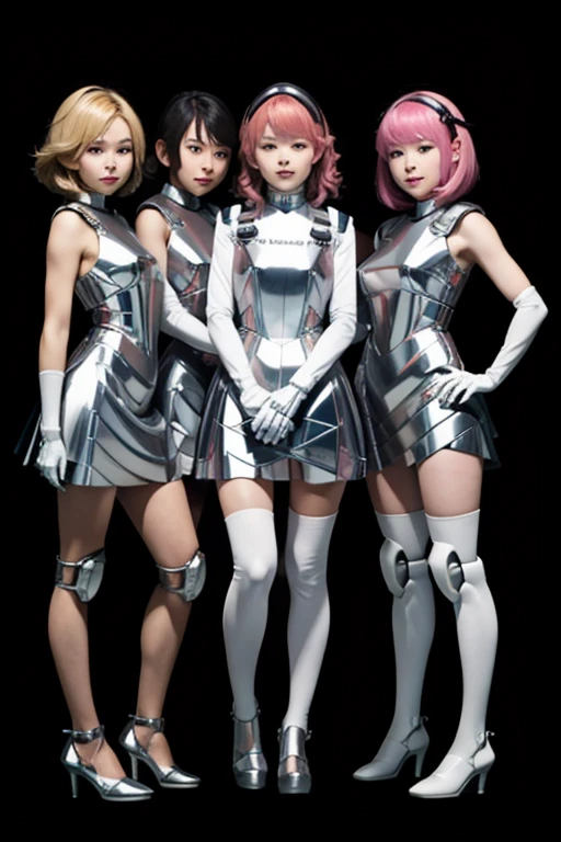 Many girls transformed into robots, whole body mechanics,
 Only the faces of all of them remain human,
 Their face is cute and beautiful,
Their face is perfect,
 They all have different hair colors and hairstyles,
 Everyone&#39;s entire body is mechanical and made of metal,
 Everyone&#39;s whole body is mechanical and metallic,
 and they&#39;re all different colors,
 Not all body shapes are the same,
 Everyone has different foot shapes,
 They all have height differences,
 The bodies bear little resemblance to each other,
 All standing together, Everyone smiles at the master,
 Group Selfie,
 full body shot,
 Looks like a whole body,
 wear clear princess dress, retina,
 table top,
 Accurate, anatomically correct, advanced details, highest quality, High resolution