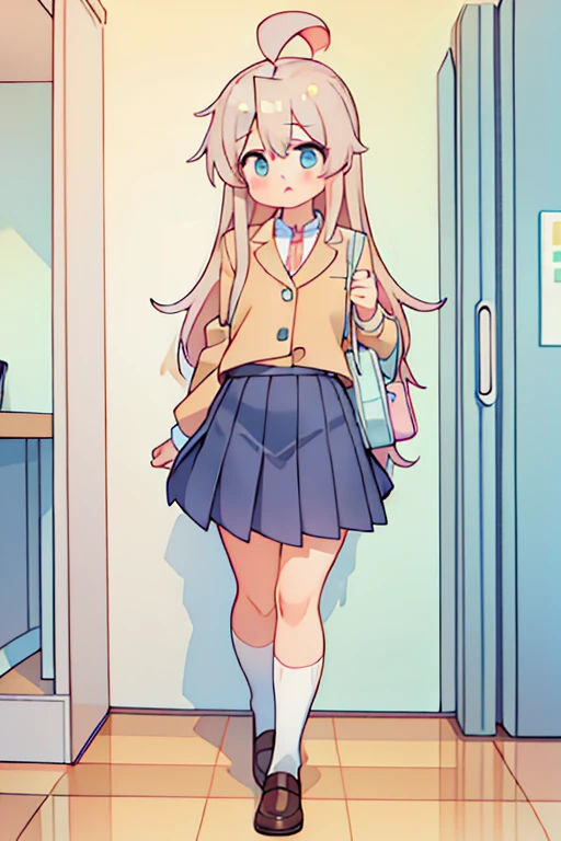 1girl, full body, school uniform, blushed,embarressed,ahoge