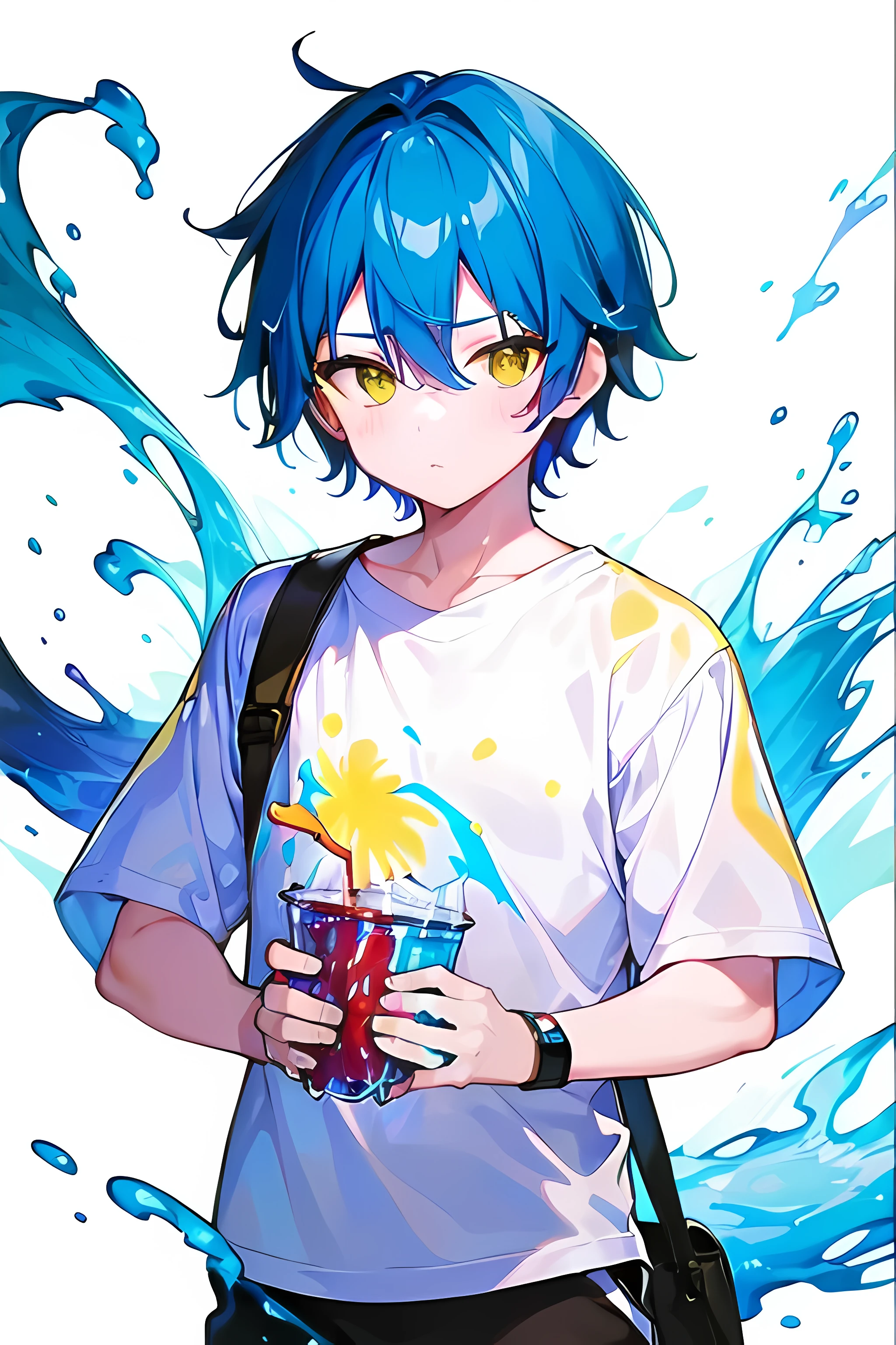 [(WHITE BACKGROUND:1.5),::5], ((((masterpiece)))), high quality, very_high_resolution, large_filesize, full color, ((younger boy)), 13 old year, short deepblue hair, vivid color, ((yellow eye)), civilian clothes white, animestyle, (Soda Splash effect:1.3)