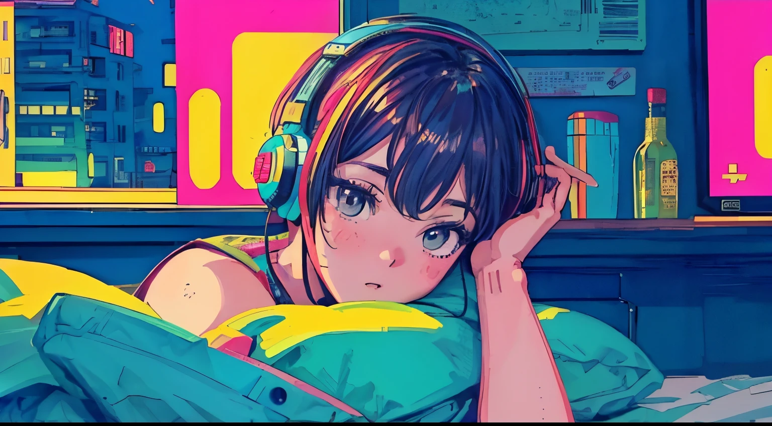 highest quality, 4k wallpaper, masterpiece, Very detailed CG ユニティ 8k 壁紙, Very fine grain, Very detailed, Intricate details, A girl in the center, Retro art style, neon_pop art style, indoor,Lying in bed,headphone，operating a smartphone