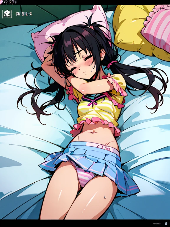masterpiece, best quality, high quality, ultra detailed, extremely detailed, ultra-high res, best aesthetic, 8k),
(beautiful detailed 5fingers: 1.2),
perfect anatomy, perfect arms, perfect legs, perfect fingers, perfect hands,
(1girl:1.5), solo,
((sleeping on bed: 1.3)), (spread legs),
(on side: 1.1), (hug pillow),
((fake screenshot: 1.6)),
break,
(The girl is ),
(shiny wet skin),
idol,
((black hair)), (twin tails: 1.2),
((flat breasts: 1.27)),
break,
(half closed eyes: 0.8), (tears: 0.7),
(heavy breathing),
(o-face, smoldering, blush, sweat),
break,
(cute yellow shirt), (frilled skirt: 1.4),
(cute white bra),
(shirt lift: 0.8), ((seen cute hip)),
((seen cute panties: 1.2)),
BREAK,
(cowboy shot: 1.2), (looking at viewer: 1.1),
((from above)),
indoors,
((nursery room, pink and white striped printed wall, cute design room, cushion, cuddly toy)),